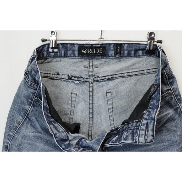 XXX Rude Button Fly Skinny Jeans Men 30 / 34 Distressed Ripped Blue Denim - Picture 11 of 14